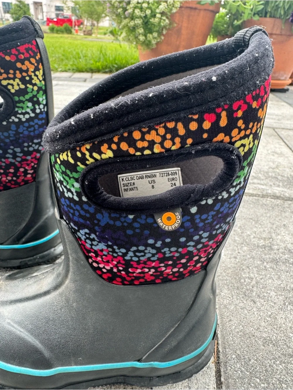 Bogs Kids Black Boots with Rainbow Speckle Cuff